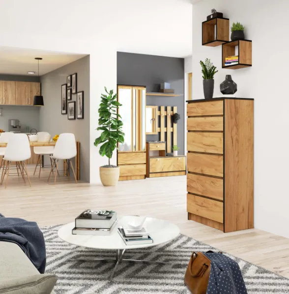 Ak furniture Komoda KRISTAL K60 so 6 šuflíkmi dub craft zlatý