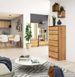 Ak furniture Komoda KRISTAL K60 so 6 šuflíkmi dub craft zlatý