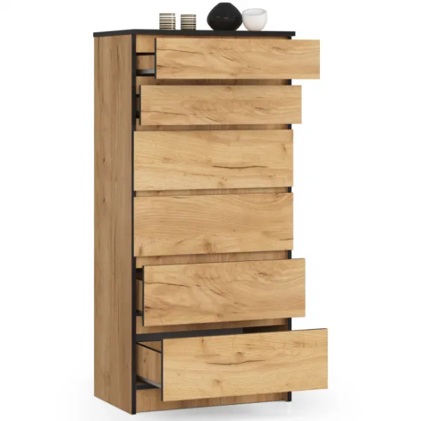 Ak furniture Komoda KRISTAL K60 so 6 šuflíkmi dub craft zlatý