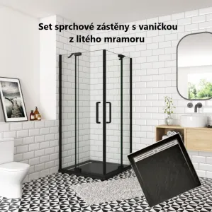 H K - Sprchovací kút AIRLINE BLACK R808, 80x80, s dvoma jednokrídlovými dverami s pevnou stenou, rohový vstup vrátane sprchovej vaničky z liateho mramoru SE-AIRLINEBLACKR808/BLACKSTAR8080SET
