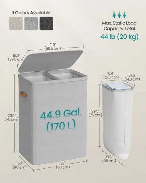 SONGMICS Kôš na bielizeň 170 l, 2 priehradky, s vekom