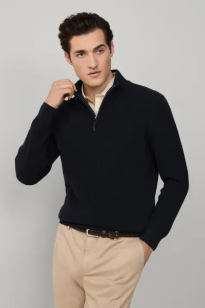 Sveter Hackett London Cotton Rib Hzip Midnight Blue