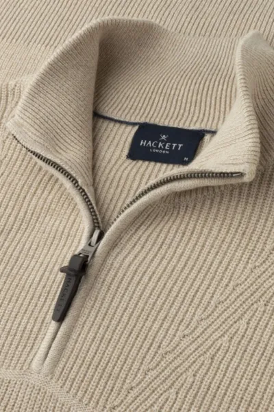 Sveter Hackett London Cotton Rib Hzip Stone Beige