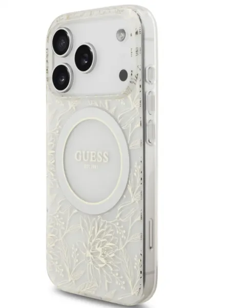 Guess Flowers Allover Strap Kryt s MagSafe pre iPhone 17 Pro,  Biely