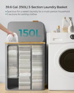150 l košík na bielizeň s 3 priehradkami, sivý, bambus rám