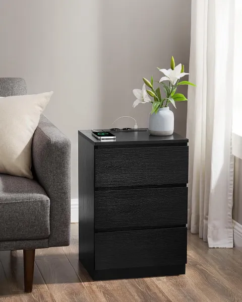 VASAGLE Sada 2 nočných stolíkov s 3 zásuvkami, elektrickou a USB zásuvkou, čierna
