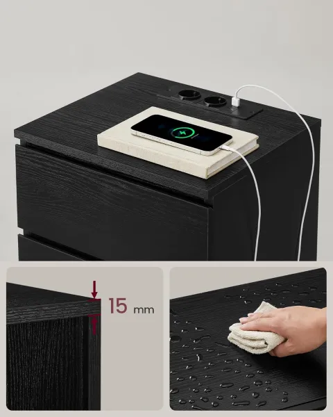 VASAGLE Sada 2 nočných stolíkov s 3 zásuvkami, elektrickou a USB zásuvkou, čierna