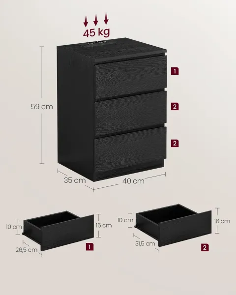 VASAGLE Sada 2 nočných stolíkov s 3 zásuvkami, elektrickou a USB zásuvkou, čierna