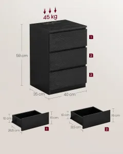 VASAGLE Sada 2 nočných stolíkov s 3 zásuvkami, elektrickou a USB zásuvkou, čierna