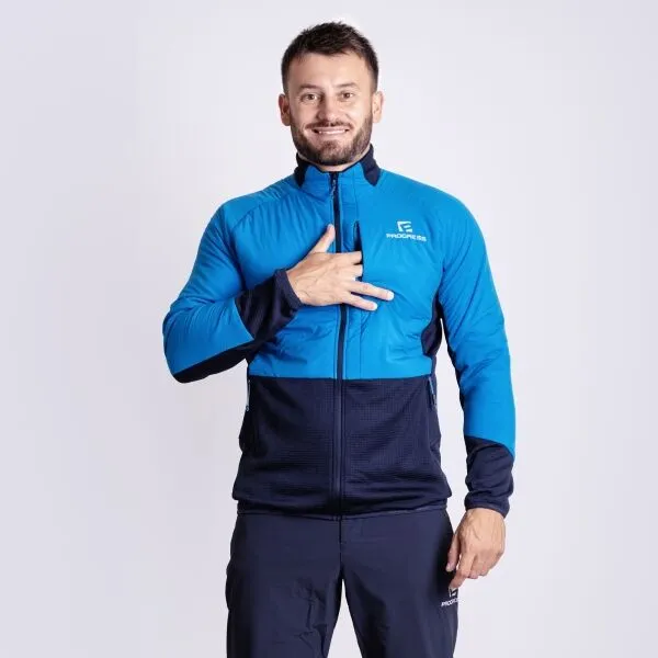 PROGRESS ELVIR HYBRID MIDLAYER Pánska hybridná mikina s merinom, modrá, veľkosť