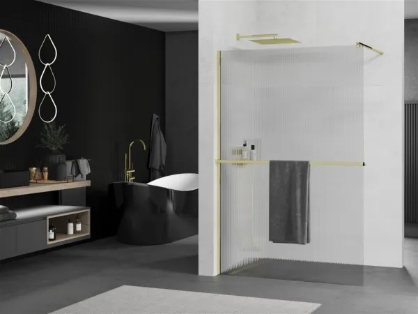MEXEN/S - Kioto+ Sprchová zástena WALK-IN s poličkou a držiakom uterákov 90 x 200, prúžky 8 mm, zlatá 800-090-121-50-09