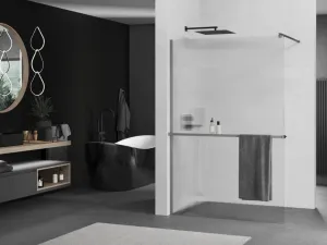 MEXEN/S - Kioto+ Sprchová zástena WALK-IN s poličkou a držiakom uterákov 90 x 200, prúžky, grafit metal 800-090-121-95-09