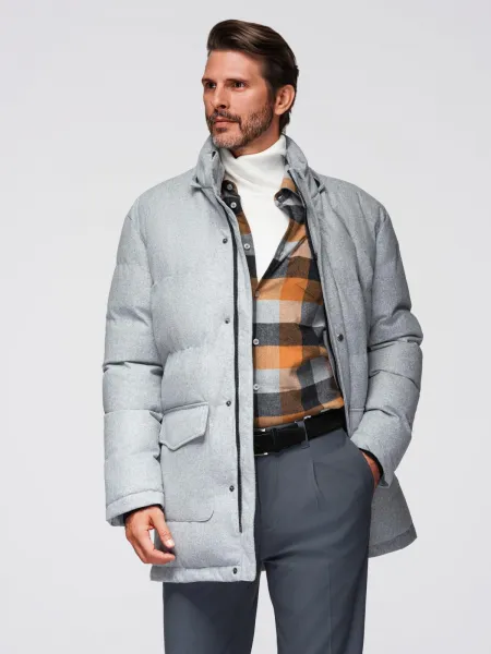 Ombre Warm men's long parka jacket with wool - light grey melange