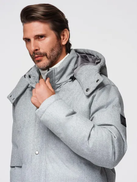 Ombre Warm men's long parka jacket with wool - light grey melange