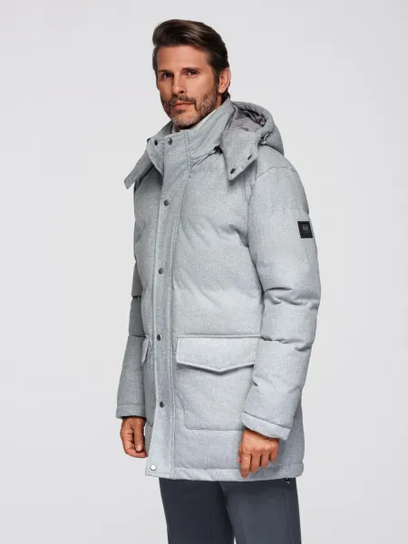 Ombre Warm men's long parka jacket with wool - light grey melange