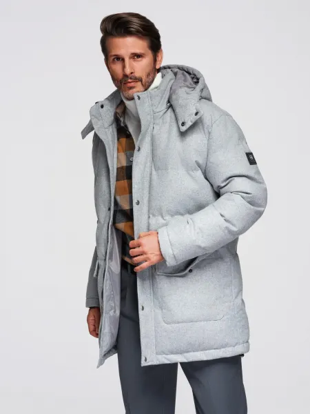 Ombre Warm men's long parka jacket with wool - light grey melange
