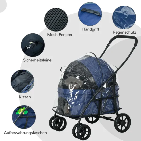 Kočárek pro psy PawHut Buggy s pláštěnkou, do 10 kg, modrý
