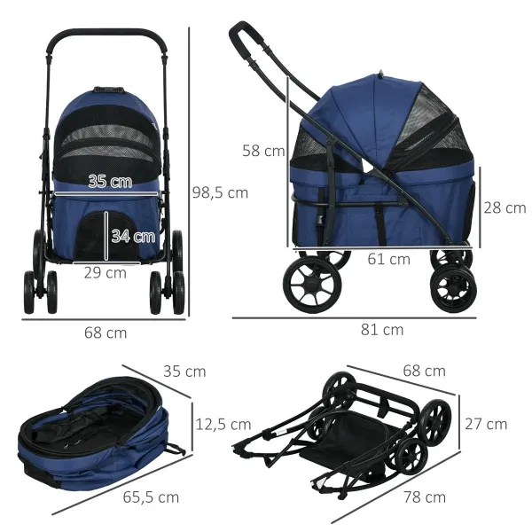 Kočárek pro psy PawHut Buggy s pláštěnkou, do 10 kg, modrý