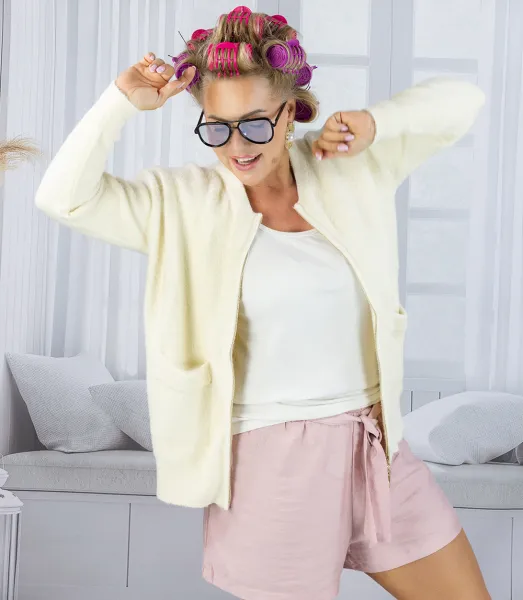 Pri Short cardigan unbuttoned sweater in fluffy knit fabric "COCO CHIC"
