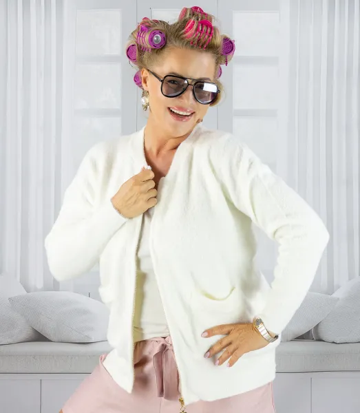Pri Short cardigan unbuttoned sweater in fluffy knit fabric "COCO CHIC"