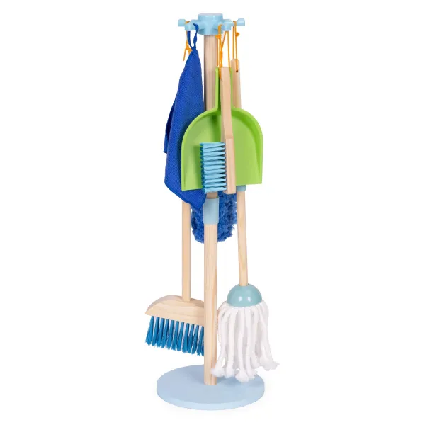 ECOTOYS Dřevěná úklidová sada pro děti CLEAN modrá