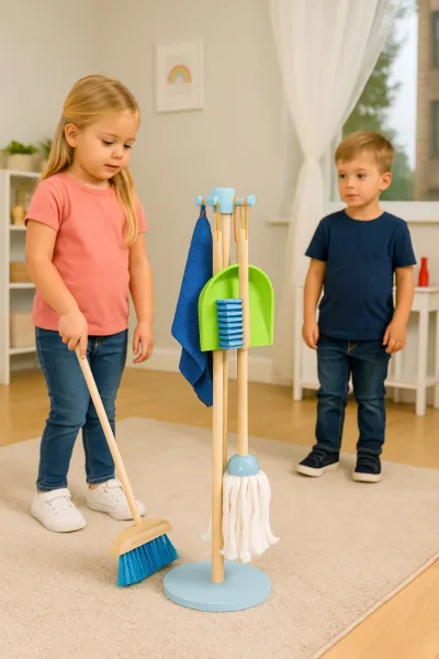 ECOTOYS Dřevěná úklidová sada pro děti CLEAN modrá