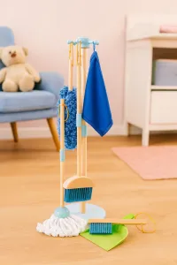 ECOTOYS Dřevěná úklidová sada pro děti CLEAN modrá