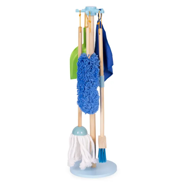 ECOTOYS Dřevěná úklidová sada pro děti CLEAN modrá