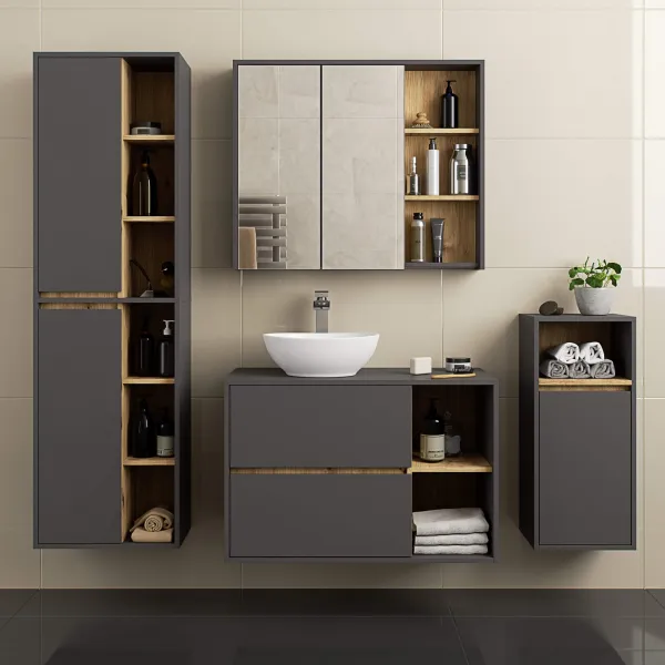 Ak furniture Závěsná koupelnová skříňka VAMI 35 cm šedý grafit/dub artisan