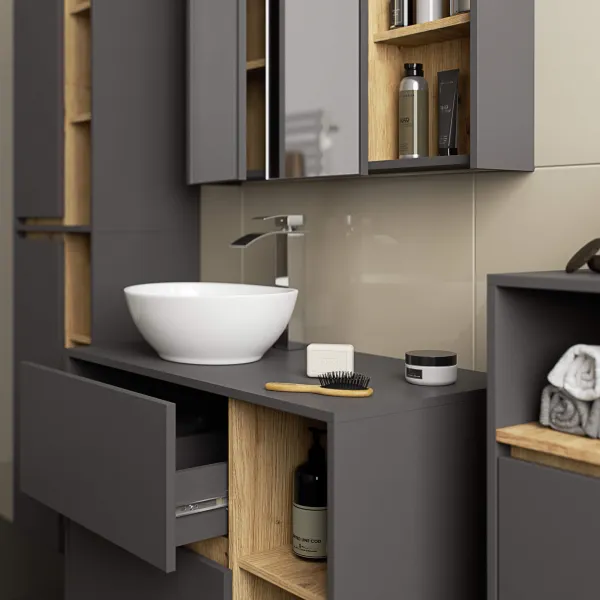 Ak furniture Závěsná koupelnová skříňka VAMI 35 cm šedý grafit/dub artisan