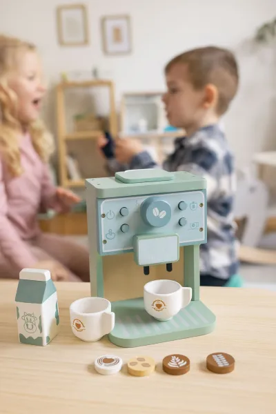 ECOTOYS Drevený kávovar pre deti ESPRESSO modrý