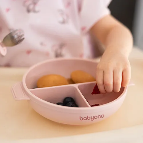 BABYONO Tanier silikónový s prísavkou a viečkom ružový 6m+