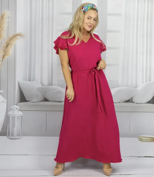 Pri Long dress tied at the waist with short sleeves with frill CELINA