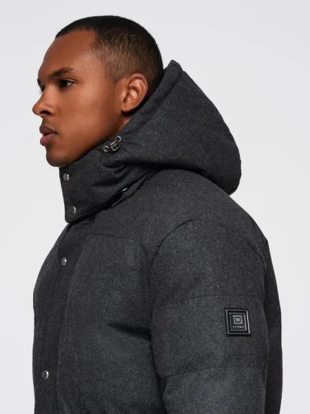 Ombre Men's long warm parka jacket with wool - black melange