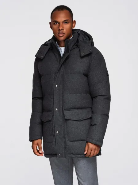 Ombre Men's long warm parka jacket with wool - black melange