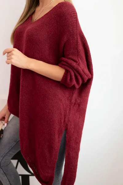 Legínovo Asymetrický vlnený dámsky sveter Plus Size s V výstrihom čierny Farba: Bordová, Veľkosť: UNI