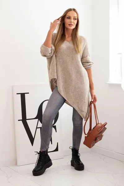 Legínovo Asymetrický vlnený dámsky sveter Plus Size s V výstrihom čierny Farba: Tmavobéžová, Veľkosť: UNI