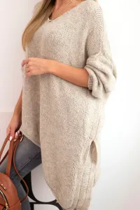 Legínovo Asymetrický vlnený dámsky sveter Plus Size s V výstrihom čierny Farba: Tmavobéžová, Veľkosť: UNI