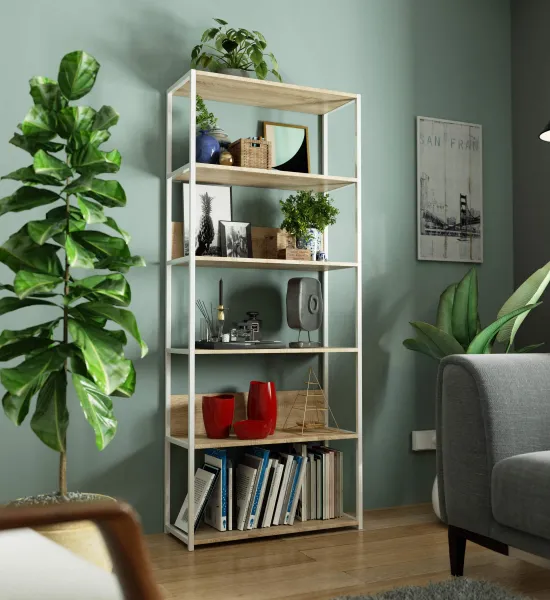 Ak furniture Knižnica Loft s kovovým rámom 80 cm biela/dub sonoma