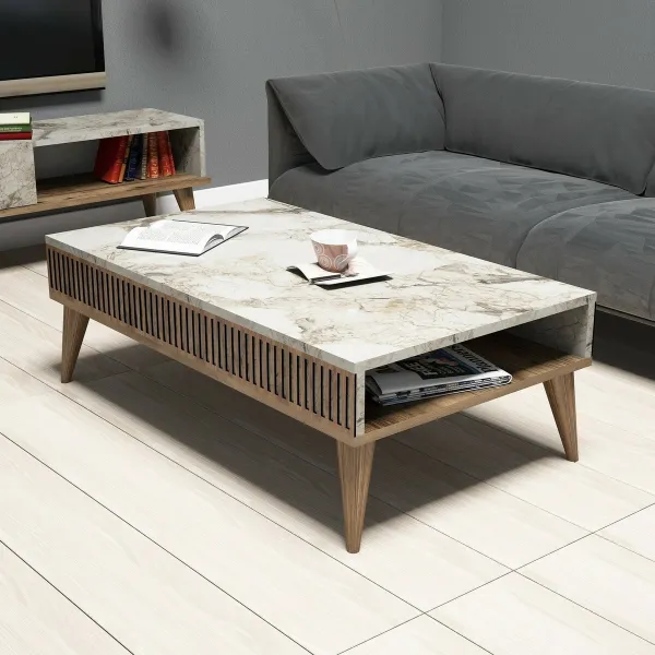 Konferenčný stolík Milan - Walnut, White Marble