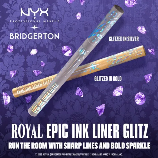 NYX Professional Makeup Bridgerton Royal Epic Ink Liner trblietavá linka na oči odtieň 01 Glitzed In Silver 1 ml
