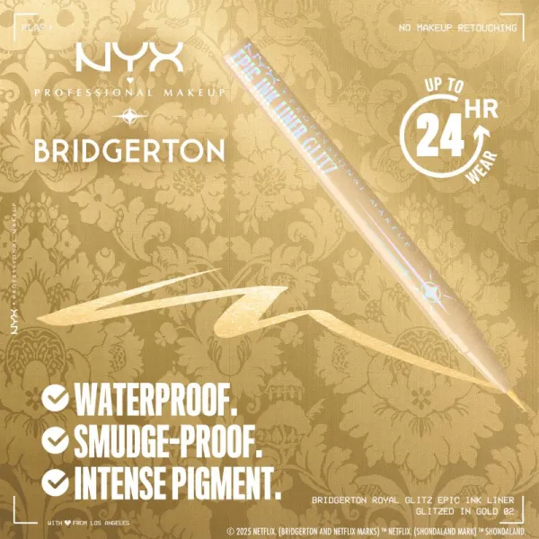NYX Professional Makeup Bridgerton Royal Epic Ink Liner trblietavá linka na oči odtieň 02 Glitzed In Gold 1 ml