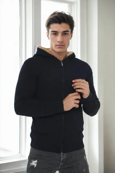 14455 Dewberry Furry Hooded Mens Sports Slim Fit Cardigan-NAVY