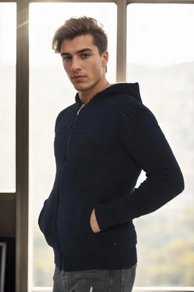 14455 Dewberry Furry Hooded Mens Sports Slim Fit Cardigan-NAVY
