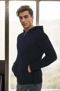14455 Dewberry Furry Hooded Mens Sports Slim Fit Cardigan-NAVY
