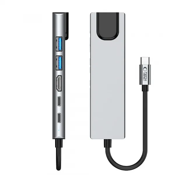 Tech-Protect HB02 HUB adaptér USB-C - 2x USB / HDMI 4K / RJ45 / USB-C 100W, šedý