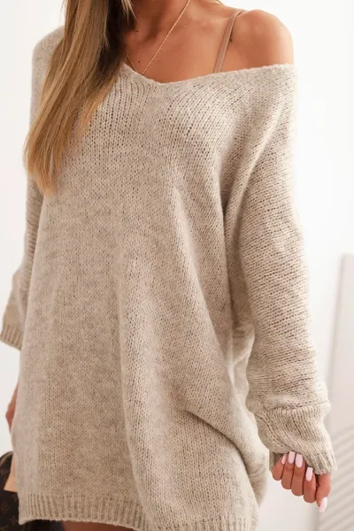 Legínovo Dámske šaty Plus Size z vlny s výstrihom do V tmavo béžové Farba: Tmavobéžová, Veľkosť: UNI