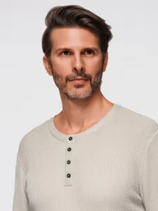 Ombre Men's ribbed sweater with buttons at the neckline - beige