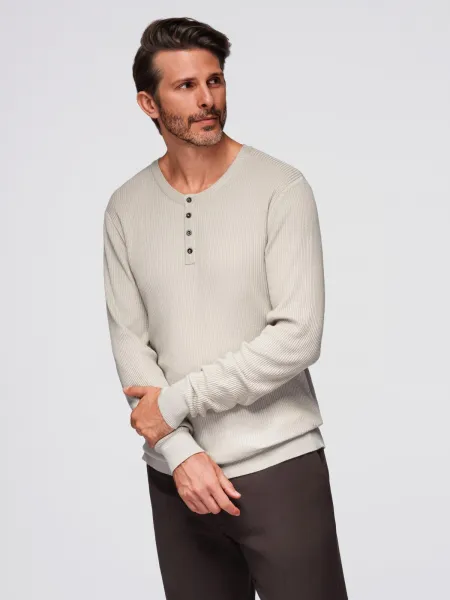 Ombre Men's ribbed sweater with buttons at the neckline - beige