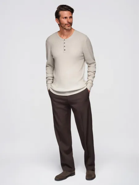 Ombre Men's ribbed sweater with buttons at the neckline - beige